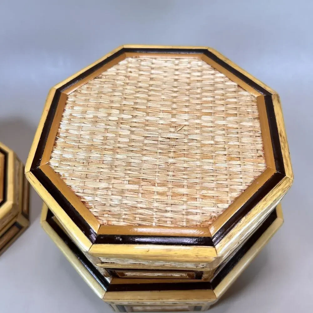 Vintage Bamboo Wicker Hexagon 3 Nesting Jewelry Trinket Boxes- EUC